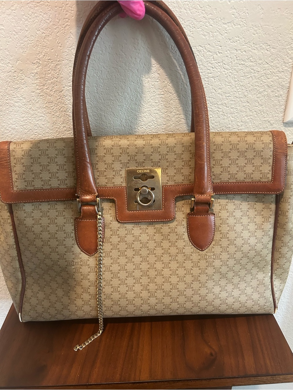 Vintage Celine Tan Brown Monogram Satchel with Leather Trim